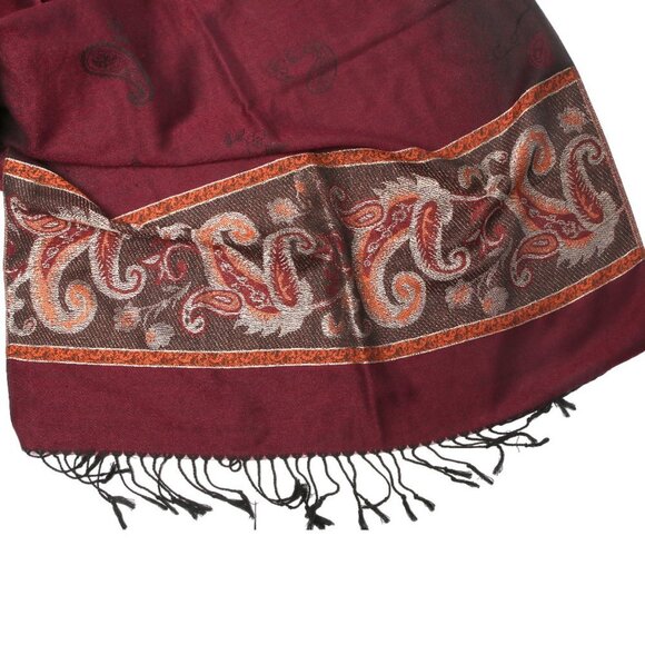 Vintage Paisley Colourblock Scarf Wrap Shawl Tassel Maroon Wine Brown - Picture 5 of 6